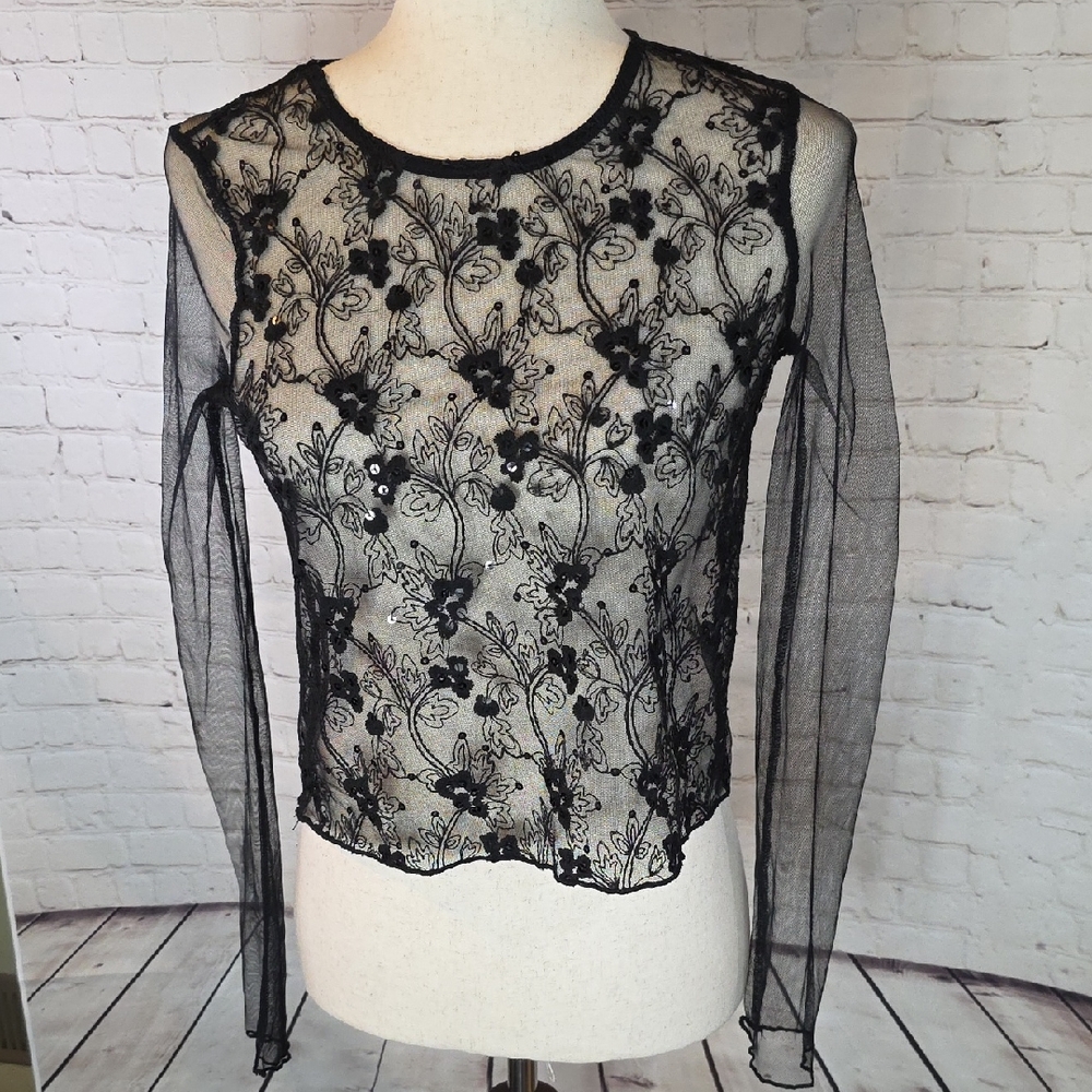Twinkle by‎ Wenlan Black Floral Embroidered Mesh Top Size Small